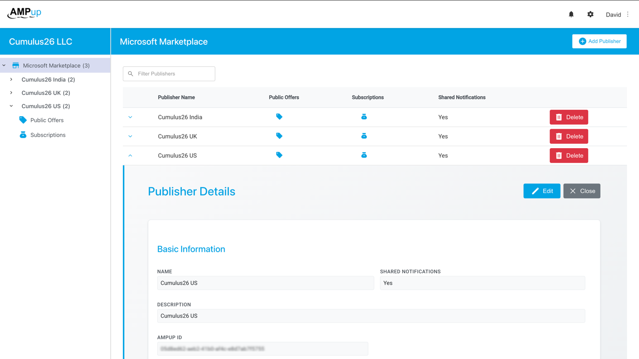 AMPup dashboard for managing Microsoft Marketplace publishers and offers